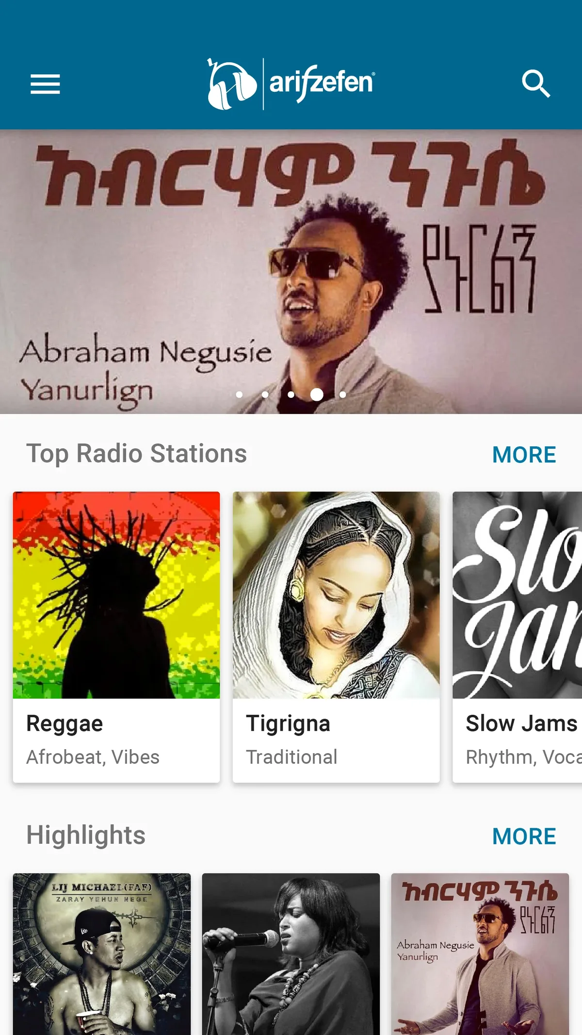 ArifZefen home screen with Amharic script and Ethiopian artist content