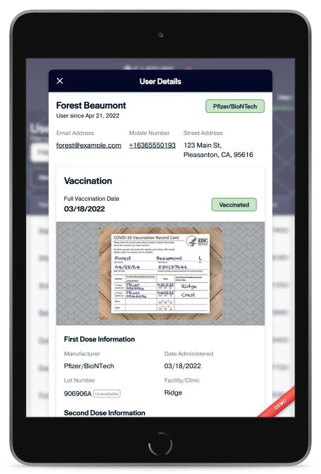 Capture Collective monitor view of a guest’s vaccination record and entry status