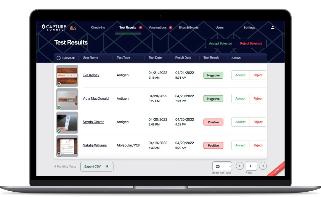 Capture Collective site manager view of test results, with document thumbnails and accept or reject controls