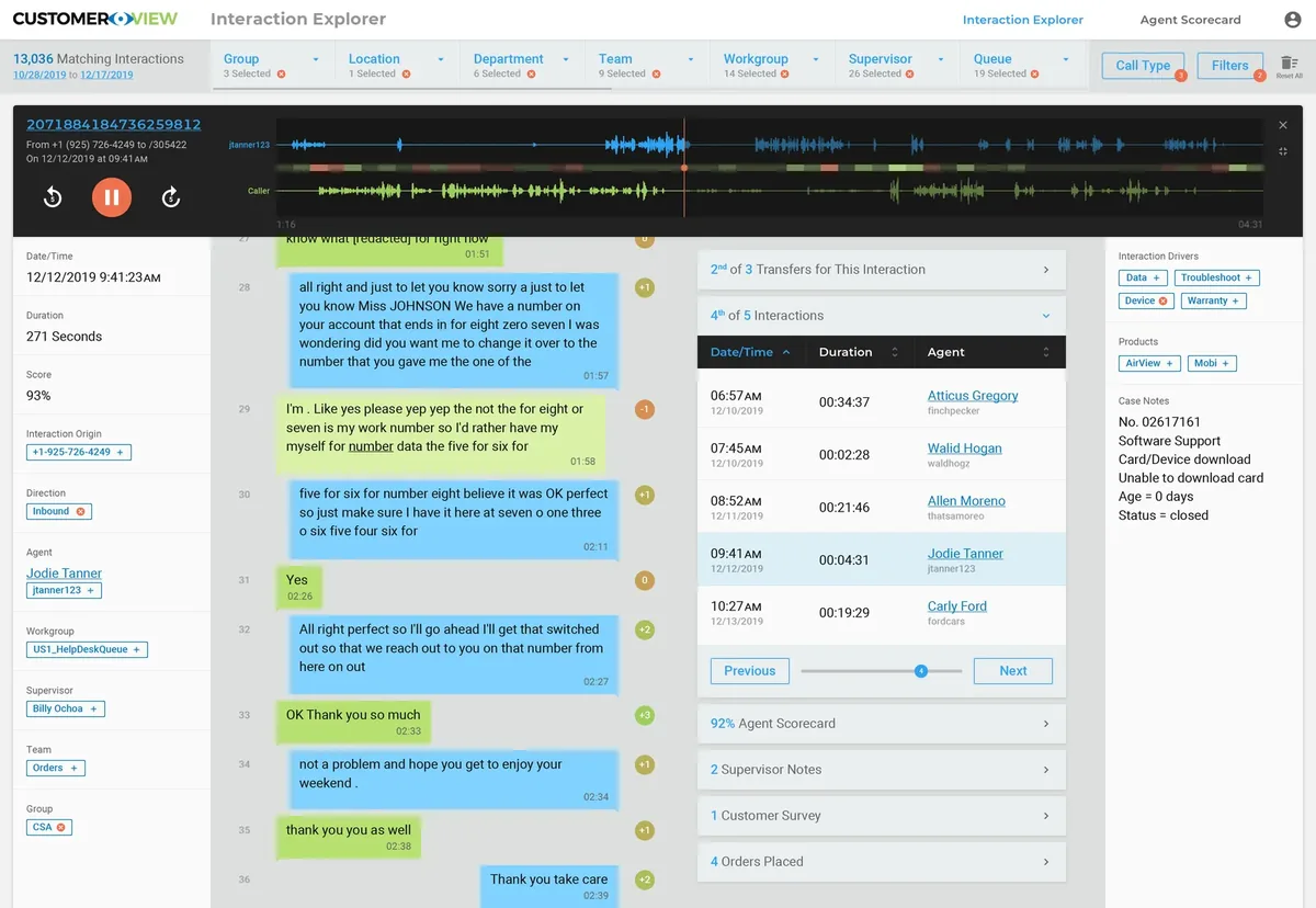 CustomerView call explorer with a two-track waveform and a sentiment-marked transcript