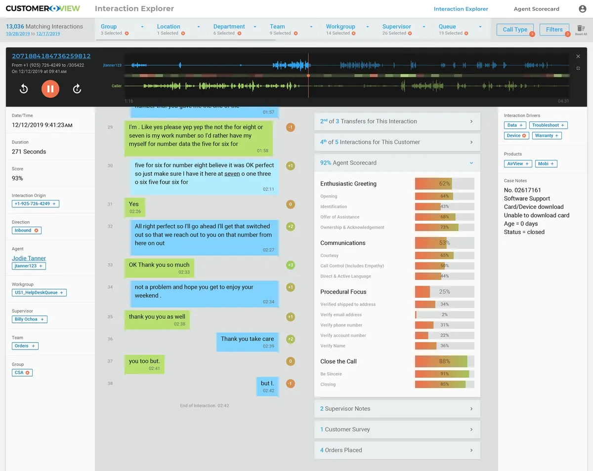 CustomerView agent scorecard comparing behaviors against benchmarks