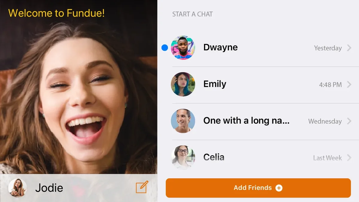 Fundue welcome screen with a list of recent chats