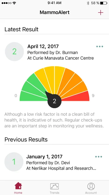 POC Medical home screen with the latest result shown on a risk dial