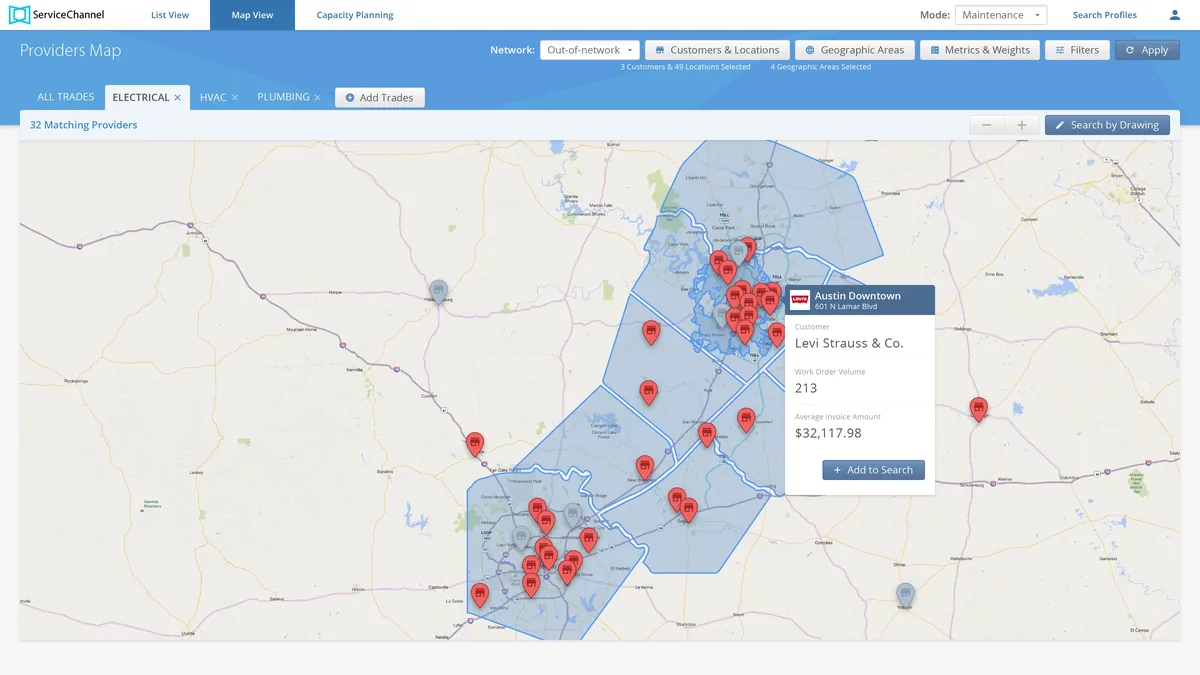 ServiceChannel provider map showing real coverage areas and provider pins