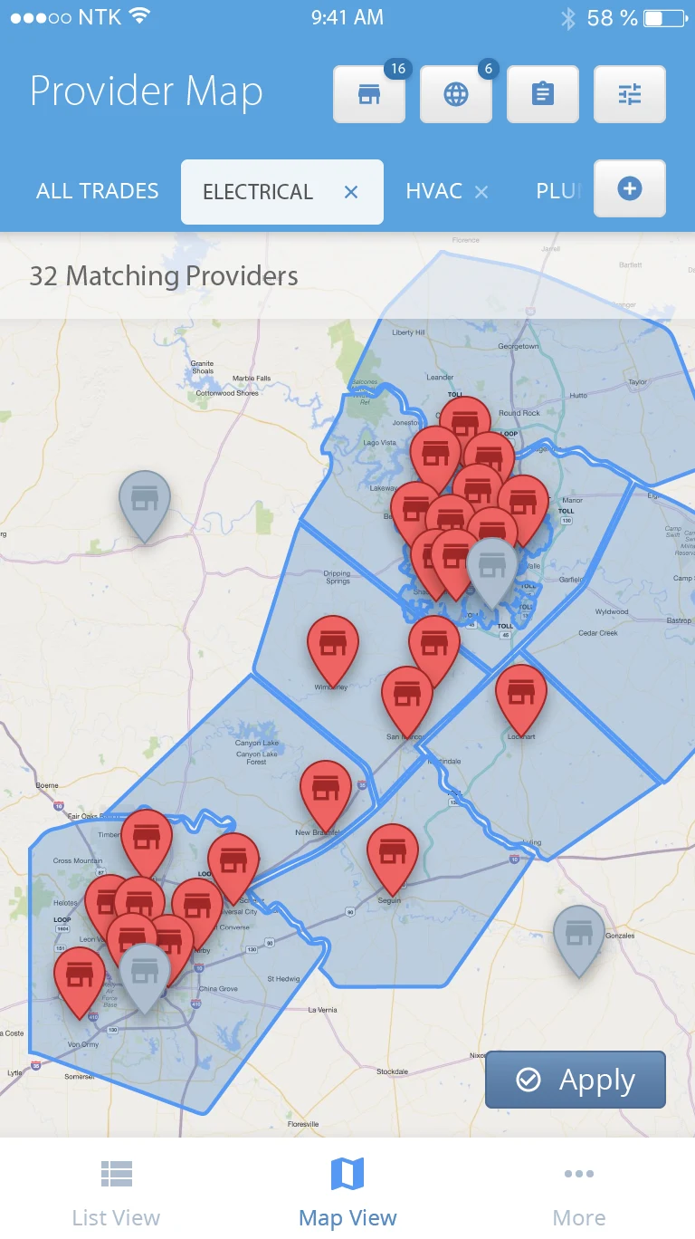 ServiceChannel map view on a phone, with the same coverage areas