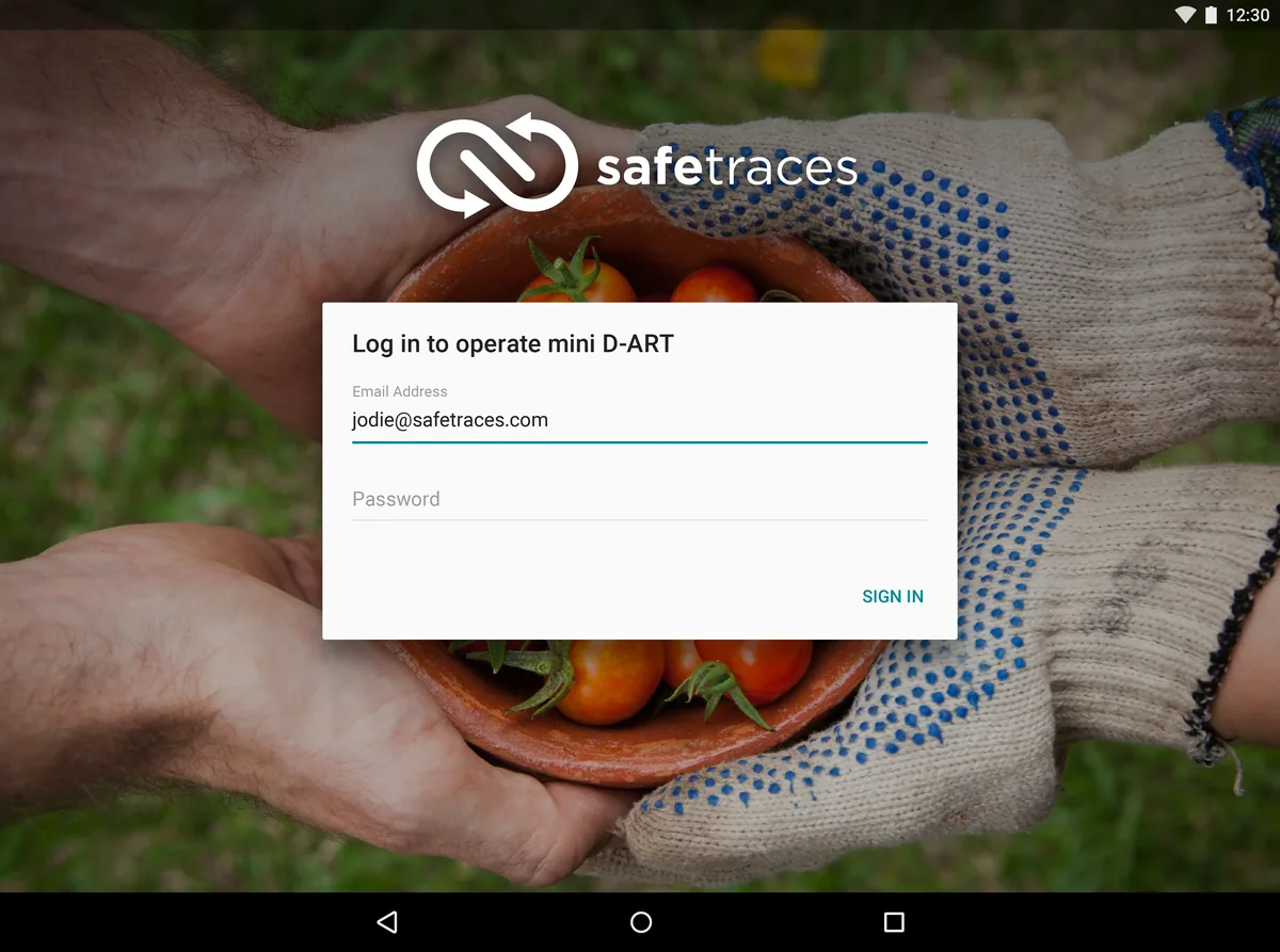 SafeTraces field tablet login screen