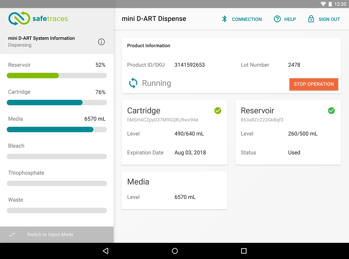 SafeTraces field tablet showing a dispense operation in progress